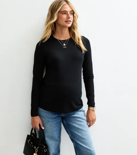 Women's Maternity Black Crew Neck Long Sleeve Top