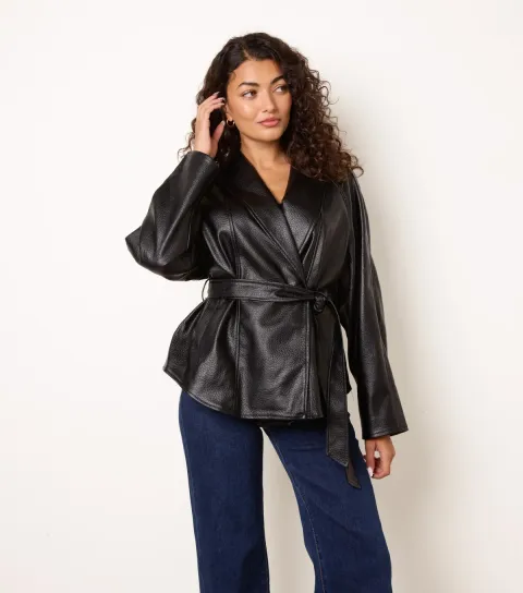 Blue Vanilla Women's Black Faux Leather Peplum Wrap Waist Belted Jacket