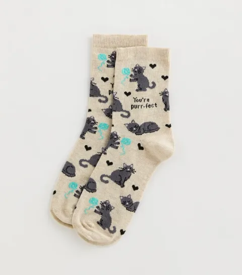 Oatmeal You're Purrfect Cat Patterned Ankle Socks
