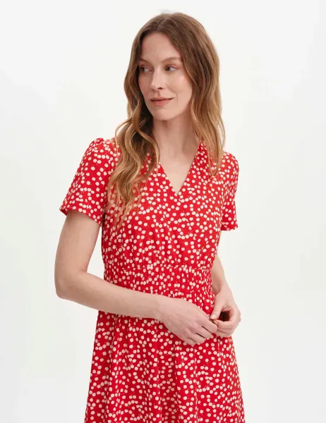Finery London Printed V-Neck Midi Tea Dress Red Mix