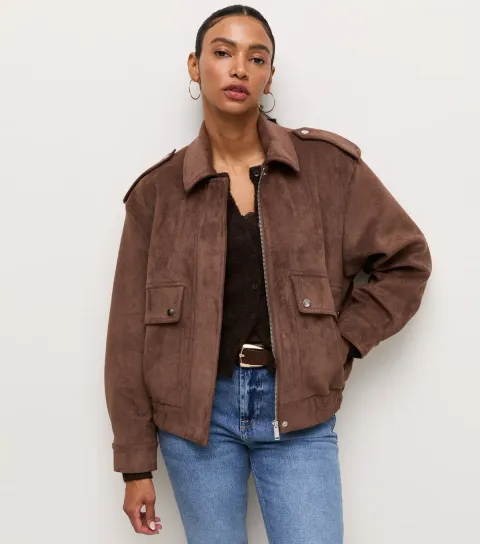 New Look Women's Brown Faux Suede Pocket Front Bomber Jacket