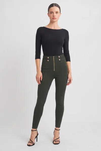 Freddy WRUP Military Button Detail Fashion - High Waisted - 7/8 Length - Army Green