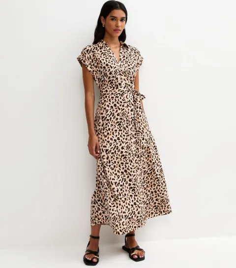 Women's Brown Crepe Leopard Print Collared Short Sleeve Midi Dress
