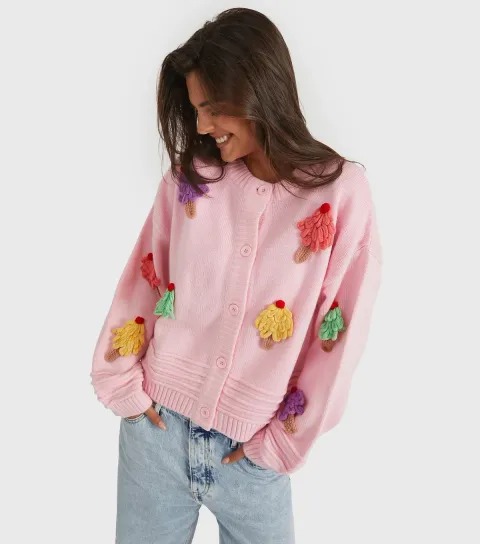 Women's Light Pink 3D Ice Cream Pink Knit Cardigan