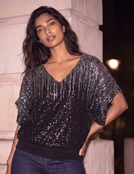 Roman Mesh Ombre Sequin Top Silver