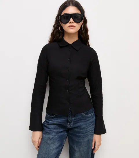 New Look Women's Black Woven Fitted Flared Cuff Shirt
