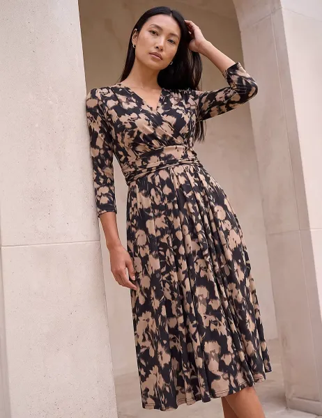 Roman Abstract Floral Midi Wrap Dress Taupe