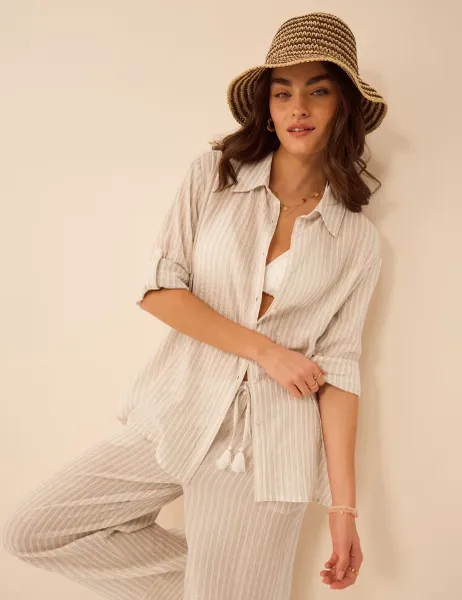 Accessorize Cotton Rich Striped Relaxed Beach Shirt Gold