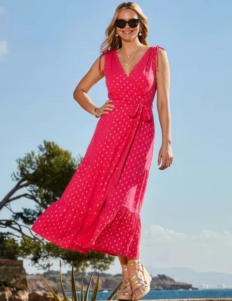 SOSANDAR Metallic Spot Print V-Neck Midaxi Wrap Dress Orange Mix