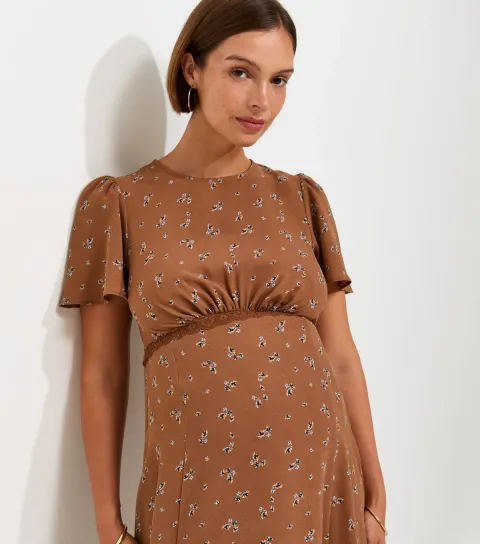 Women's Maternity Brown Floral Print Lace Trim Midi Dress