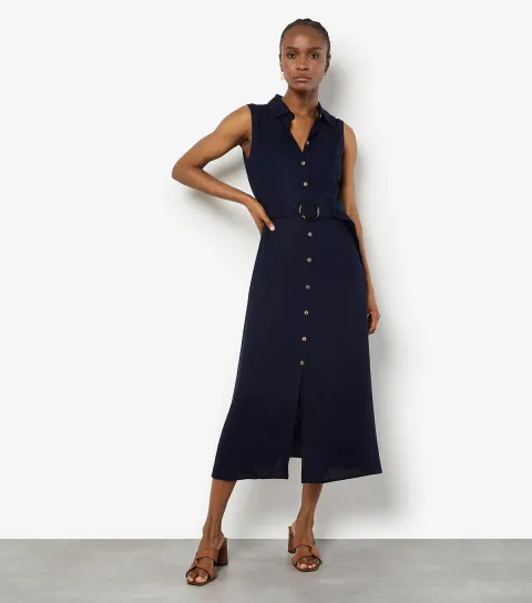 Women's Navy Sleeveless Midi Shirt Dress