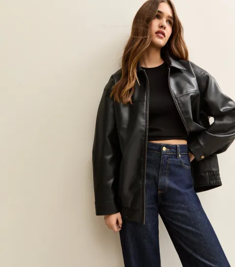 Women's Black Faux Leather Oversized Bomber Jacket