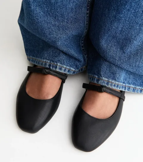 Women's Wide Fit Black Faux Leather Bow Strap Mary Jane Flats Vegan