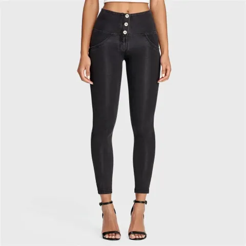 WRUP Denim - 3 Button High Waisted - 7/8 Length - Black + Black Stitching