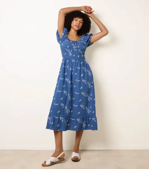Women's Blue Floral Embroidery Milkmaid Midi Dress