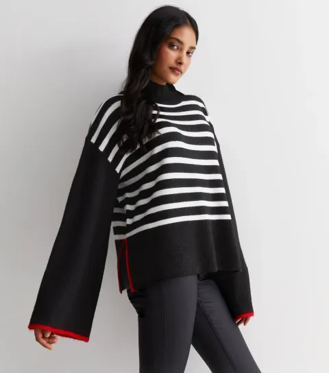 Women's Black Knit Stripe Wide Sleeve Jumper
