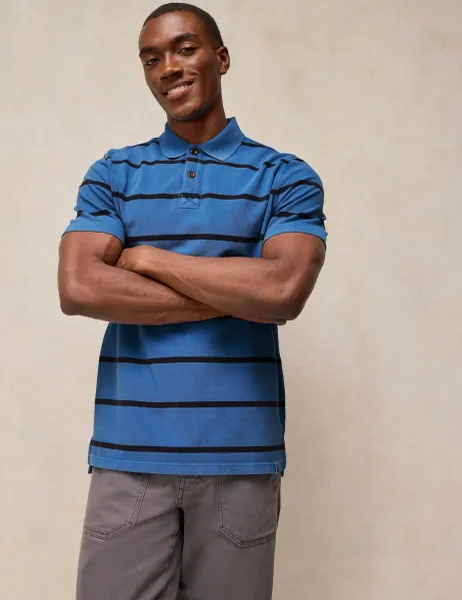 White Stuff Pure Cotton Striped Utility Polo Shirt Mid Blue