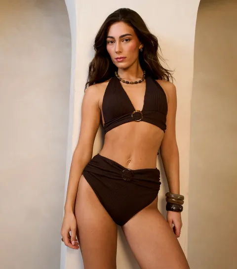 Women's Dark Brown Ribbed Halterneck Bikini Top