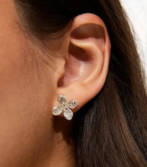 Silver Tone Oversized Flower Stud Earrings