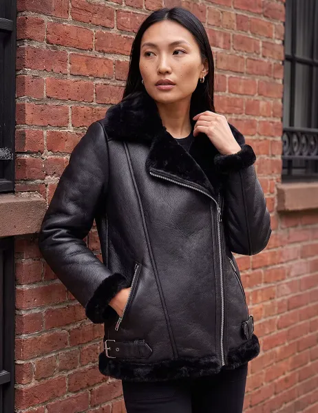 Roman Faux Fur Trim Aviator Jacket Black