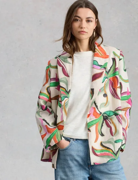 White Stuff Pure Linen Relaxed Double Breasted Blazer Natural Mix