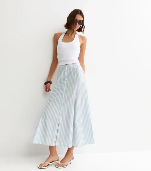 Women's Blue Striped Cotton Button Through Midi Skirt