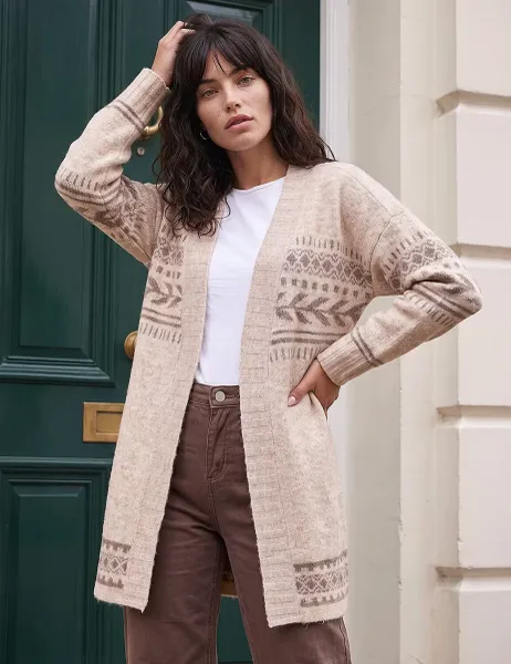 Roman Patterned Belted Cardigan Beige Mix