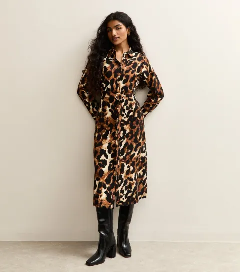 Women's Petite Brown Animal Print Belted Shirt Midi Dress