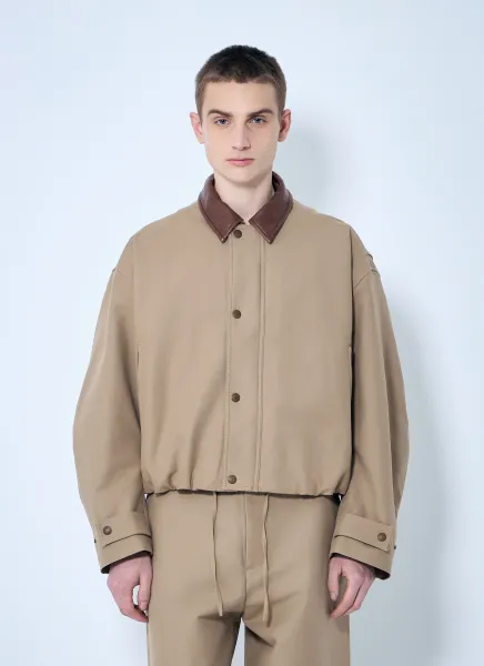 Twill Jacket With Leather Collar