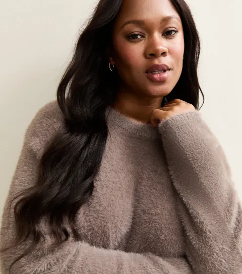 Women's Plus Size Dark Mink Fluffy Crew Neck Jumper Curves