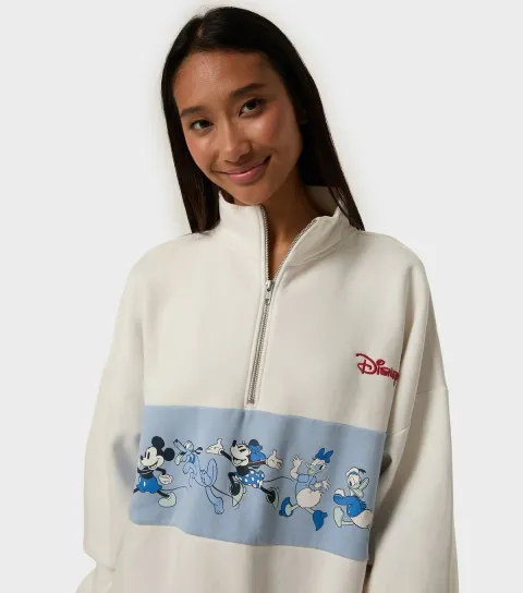 Women's White Disney Mickey Mouse Varsity Zip Oversized Sweatshirt