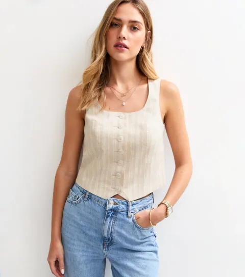 Women's Cream Striped Scoop Neck Waistcoat