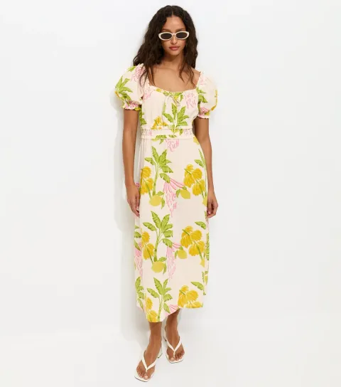 Women's Cream Tropical Print Shirred Milkmaid Midi Dress