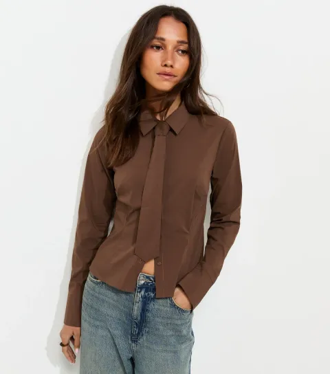 Women's Dark Brown Cotton Rich Tie Neck Fitted Shirt