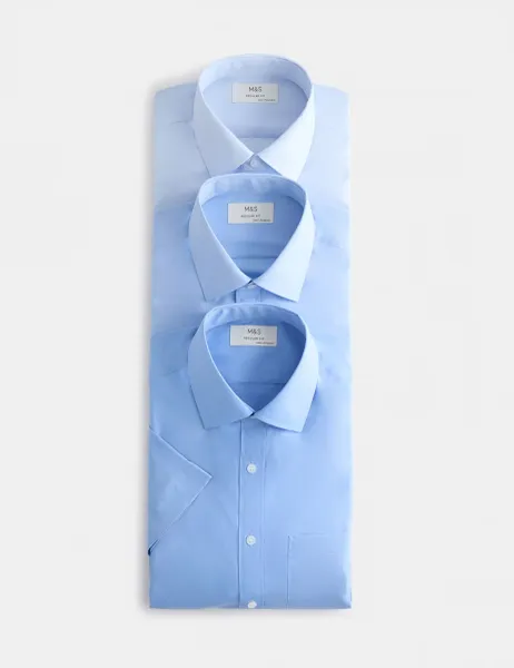 Marks & Spencer 3 Pack Regular Fit Easy Iron Short Sleeve Shirts Blue