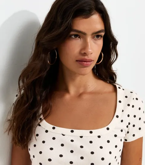 Women's Cream Cotton Rich Polka Dot Square Neck T-Shirt