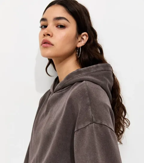 Women's Brown Cotton Rich Acid Wash Hoodie