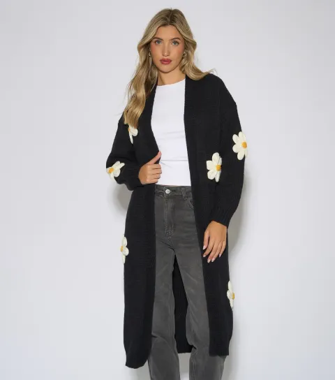Gini London Women's Black Daisy Applique Knitted Longline Cardigan
