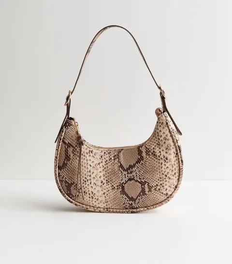 Brown Snake Print Curved Shoulder Bag