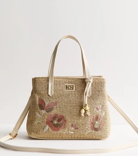 Oatmeal Woven Floral Embroidered Tote Bag