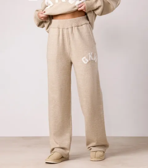 Women's Cream Knit Contrast Logo Straight Leg Trousers