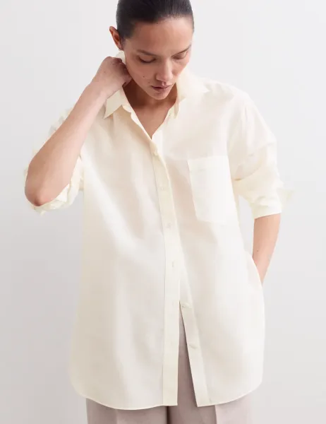 Silk Blend Collared Relaxed Shirt White