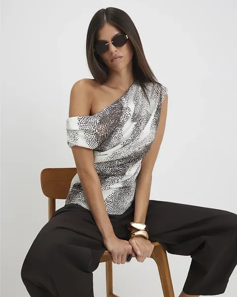 River Island Animal Print Asymmetric Drape Top