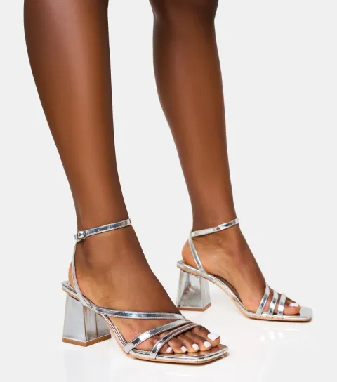 Women's Silver Robin Faux Leather Square Toe Block Heel Sandals