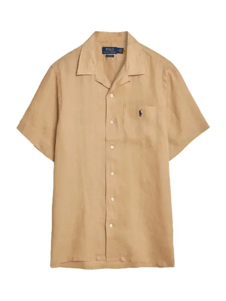 Navy Logo Pocket Linen Shirt Camel