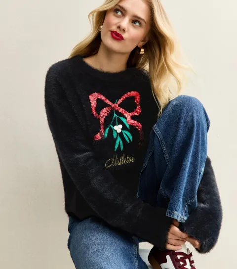Women's Black Fluffy Embroidered Mistletoe Motif Jumper