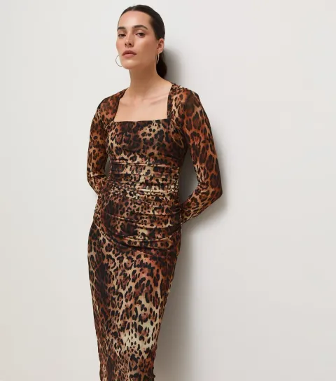 New Look Women's Brown Mesh Animal Print Square Neck Midi Dress