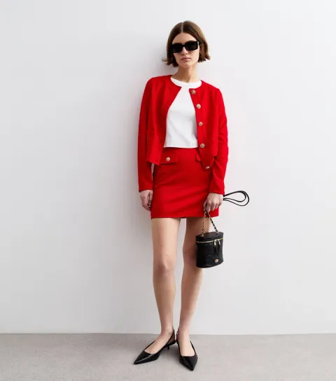 New Look Women's Red Bouclé A-Line Mini Skirt