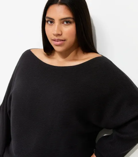 Women's Plus Size Black Ribbed Knit Slash Neck Batwing Sleeve Top Curves