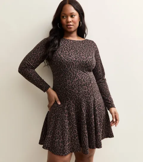 Women's Curve Brown Long Sleeve Animal Print Skater Mini Dress